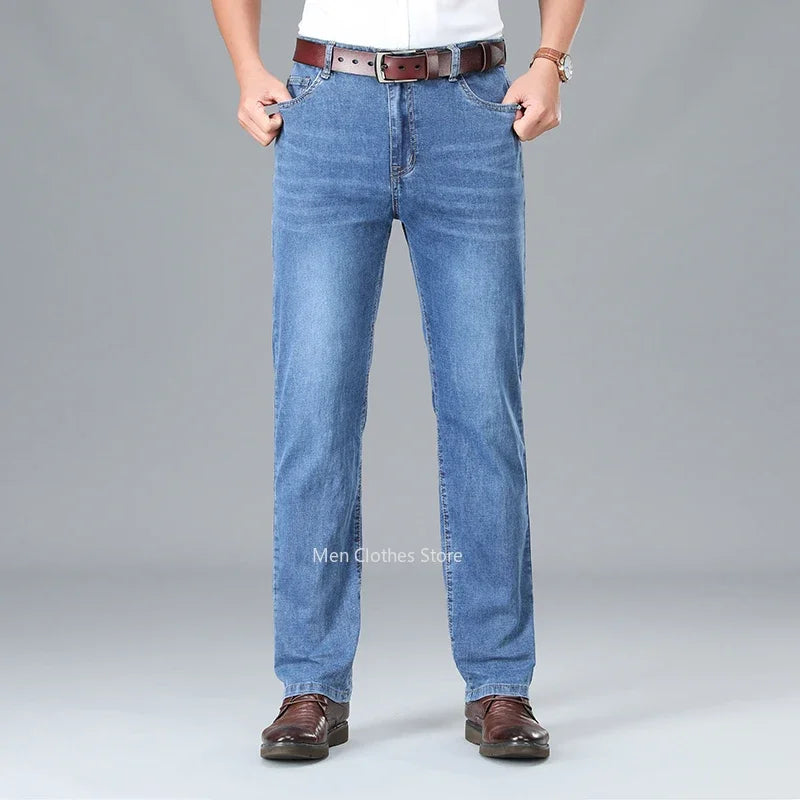 2026 Summer Thin Men's Cotton Jeans New Fashion Gray Elastic Straight Business Casual Pants Comfortable Brand Trousers
