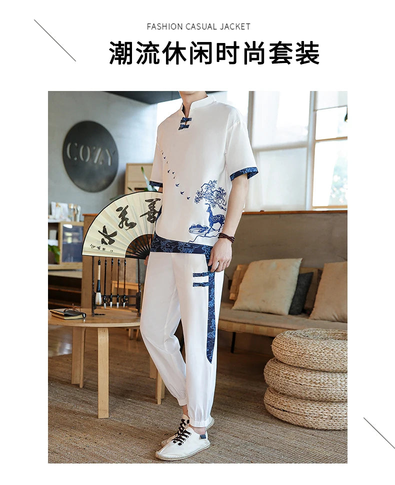 Shirts + Pants summer Cotton linen shorts sleeve shirts Men's Casual Sets Male Fashion trousers and shirts men size M-4XL TZ020