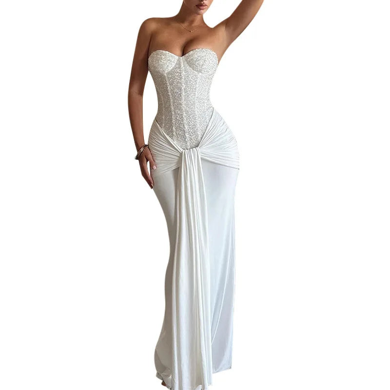 Women's Dress Fashion Backless Solid Slim Long Elegant Evening Dress Summer Ribbon Sequin Nightclub Sexy Cocktail Party Dresses