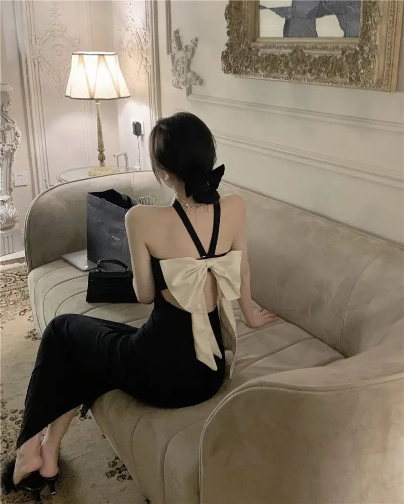 Birthday Dress For Women Vestidos De Mujer Summer French Backless One Shoulder Women's Spring Black Bow Sleeveless