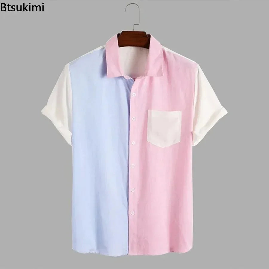 2026 Men's Summer Colorblock Shirts Short Sleeve Shirt Fashion Casual Lapel Cardigan Loose Comfortable Tops for Men Beach Shirts