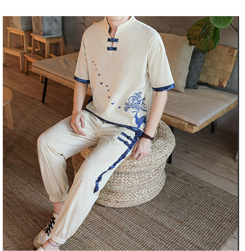 Shirts + Pants summer Cotton linen shorts sleeve shirts Men's Casual Sets Male Fashion trousers and shirts men size M-4XL TZ020