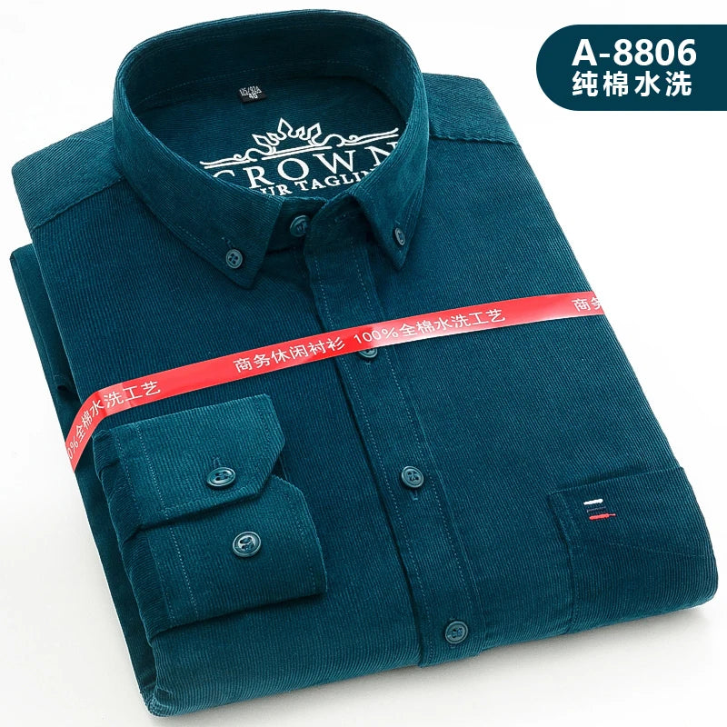 Cotton Corduroy Warm Shirts For Men New Autumn Winter Fashion Solid Color S-7XL Businessman Long Sleeve Smart Dress Casual Shirt