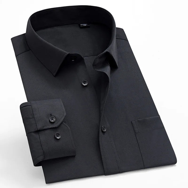 Business Dress Shirt Men's Long-sleeve Autumn Spring Fashion Solid Casual Formal White Work Office Simple Basic Man Clothe S-7XL