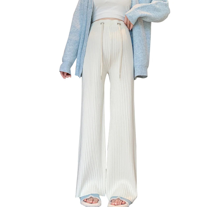 Pregnant Women's Pants Autumn Winter Maternity Knitted Pit Stripe Straight Leg Wide Leg Pants Casual Floor Pants Youth Pregnancy