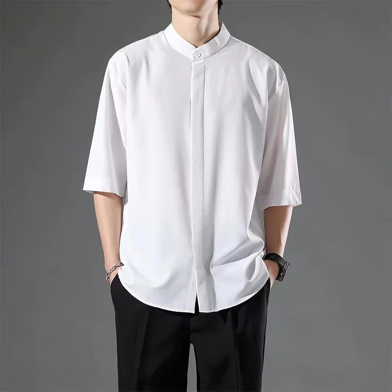 Summer Thin Short-sleeved Shirts Men Japanese Style Loose Stretch Business Casual Shirts Male No-iron Stand Collar Formal Tops