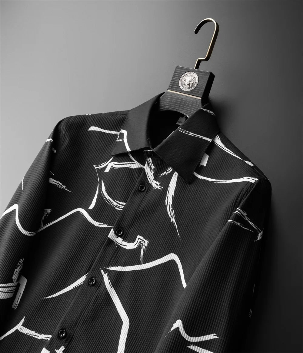 British Style Printed Men's Shirt Long Sleeve Loose Casual Shirts Men Clothing 2025 Summer Business Social Party Tuxedo Blouse