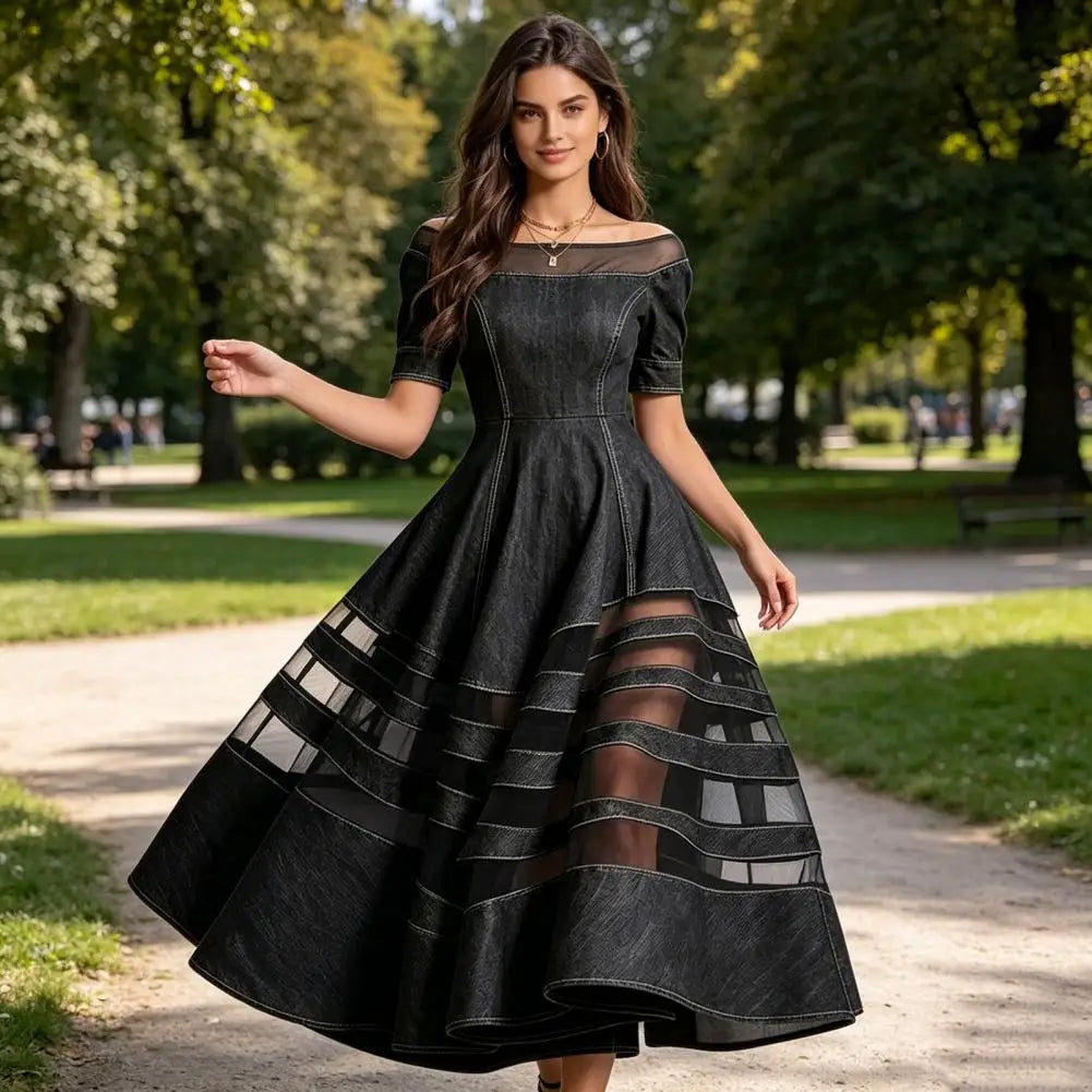 Women's Denim Dress Trendy Off Shoulder Dress Mesh Patchwork Short Sleeve A-line Swing Dress Summer Travel Vacation Long Dresses