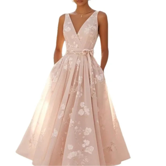 2026 Women's Dress Banquet Evening Dress Sleeveless Vest V-Neck Printed Dress