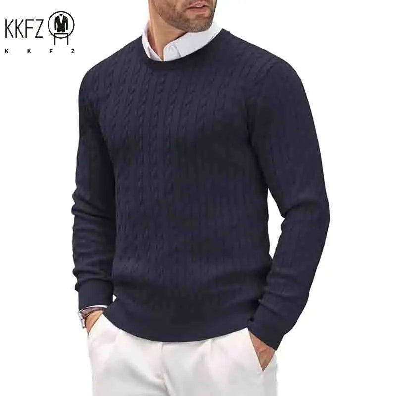 2026 New Men's Casual Sweater Round Neck Long Sleeve Knitted Sweater Diamond Pattern Fashion Versatile Top