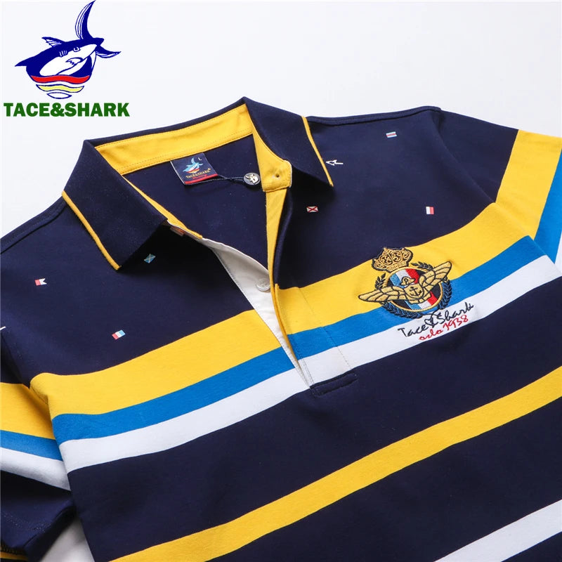 TACE&SHARK Fashion Stripe Shark Embroidery Polo Shirt Summer Men Business Shark Polos Tops Mens Casual Slim Fit Clothing