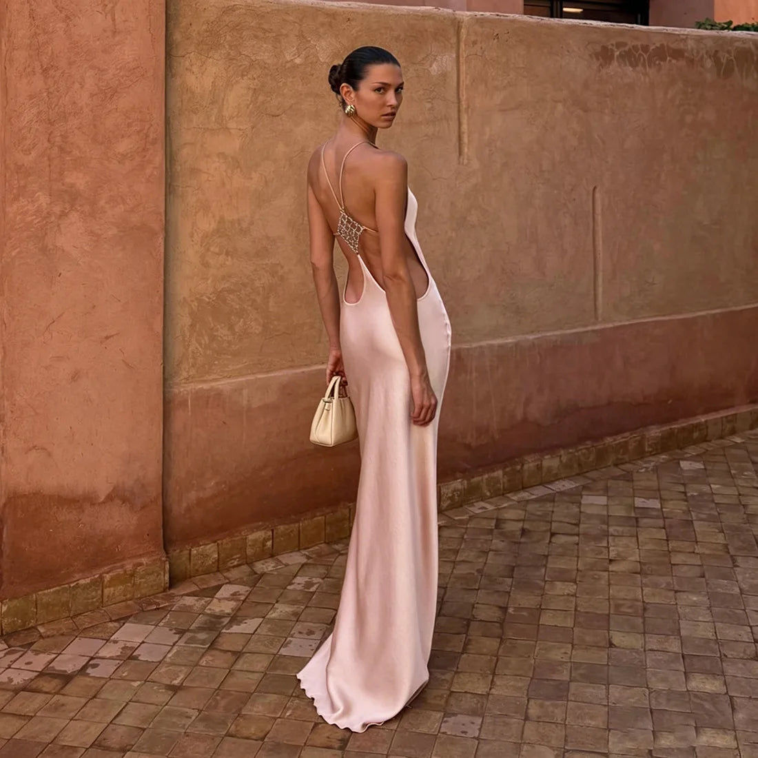 Vacation Women's Casual Dresses Sexy Socialite Style Long Dress Rhinestone Decor Slim Solid Backless Women's Gowns