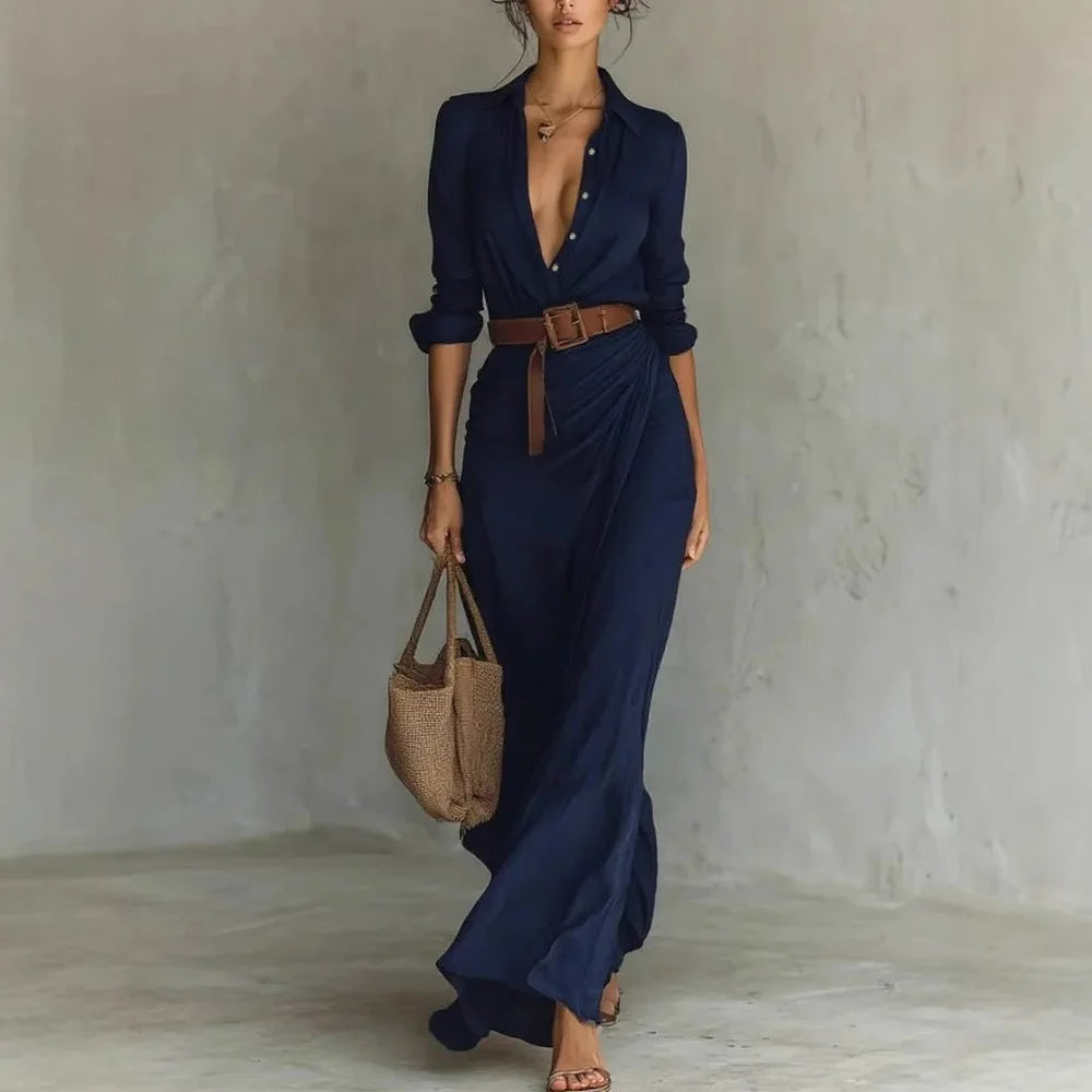 Women's Casual Dresses 2026 Summer Elegant Chic Evening Dress Sexy Solid Color Beach Dress Pleated Belted White Female clothing
