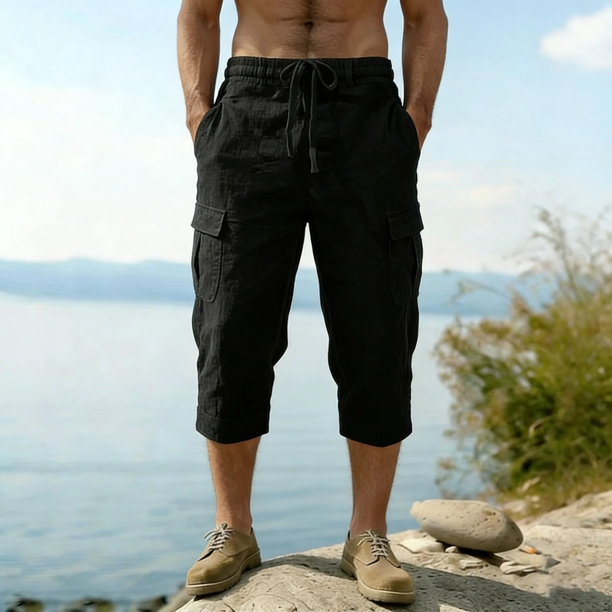 Men Summer Cotton Linen Shorts Retro Multi Pocket Loose Casual Shorts Thin Breathable Outdoor Fishing Travel Beach Short Pants