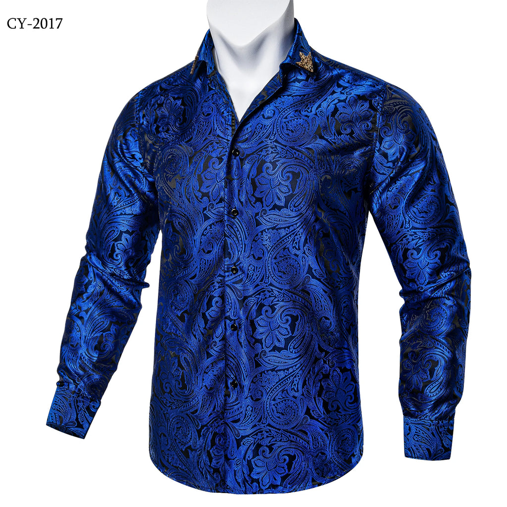 Brand New Men's Royal Blue Business Shirts Luxury Fashion Paisley Long Sleeve Turn-Down Collar Social Shirt Male Casual Blouse