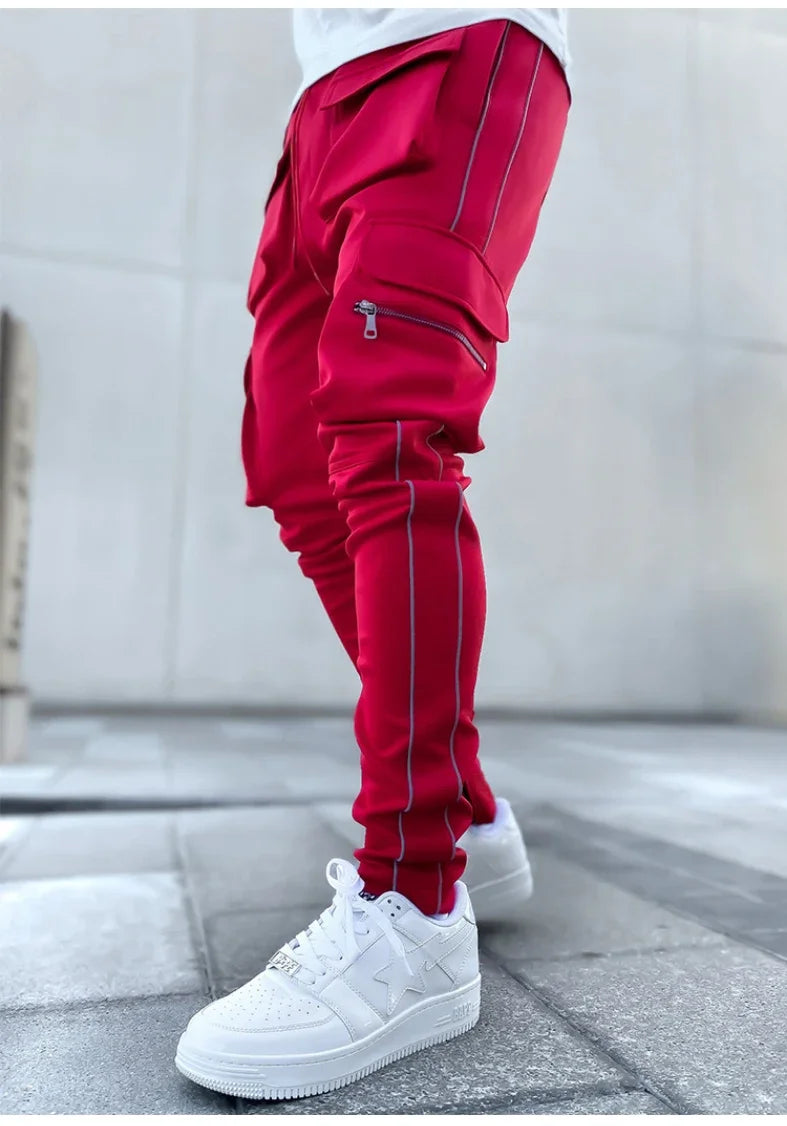 Summer Men's Jogging Sports Pants Multi-Pocket Sweatpants Running Trousers Men's Casual Joggers Cargo Reflective Hip Pop Pants