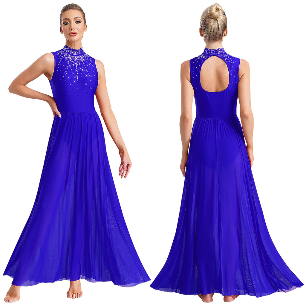 Womens Lyrical Dance Dresses Mock Neck Wide Hemline Shiny Rhinestones Maxi Dress Sleeveless Modern Contemporary Leotard Dresses