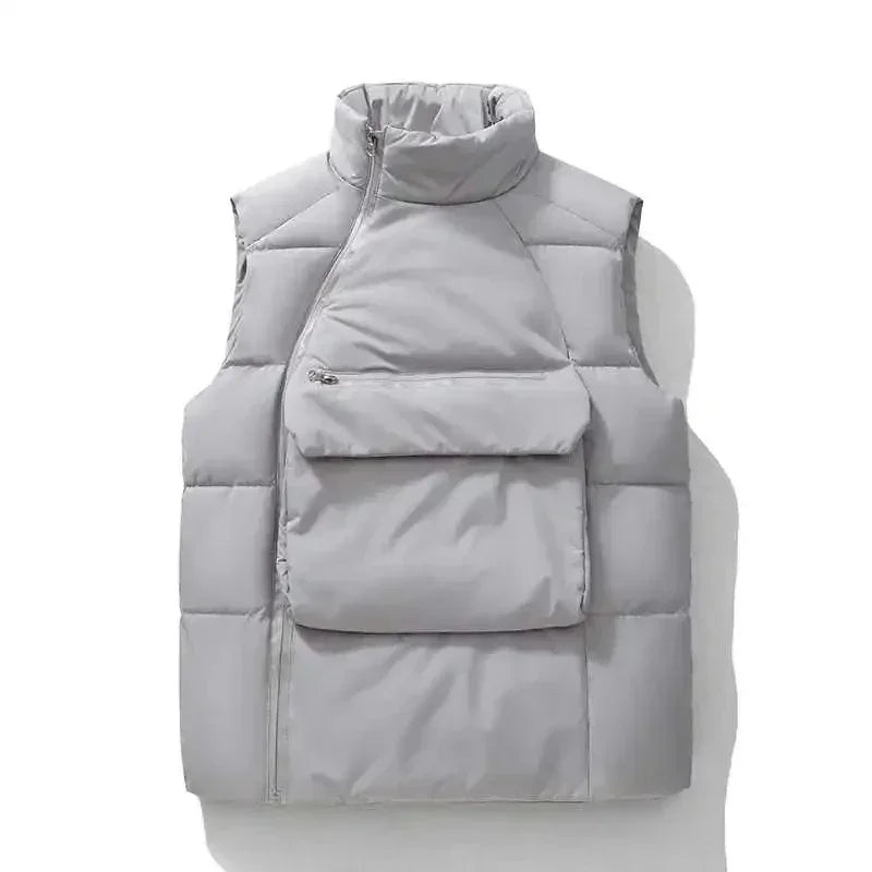 Round Neck Vest Men's Autumn Winter Padded Thickened Thermal Vest Wearing Japanese Fashion Side Zipper Sleeveless Coat Pullover
