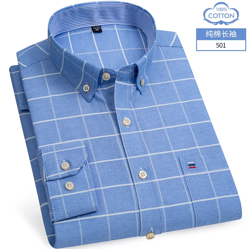 Cotton Oxford Shirt For Men Long Sleeve Plaid Striped Casual Shirts Male Pocket Regular-Fit Button-Down Work Man Dress Shirt