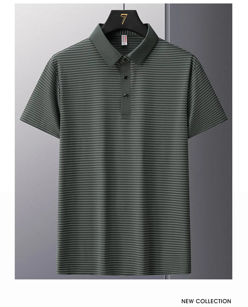 Men's Polo Shirt Summer New Lapel Men's Short Sleeve Polo Shirt Striped Ice Silk Business Casual Men's Polo Shirt M-6XL 7XL 8XL