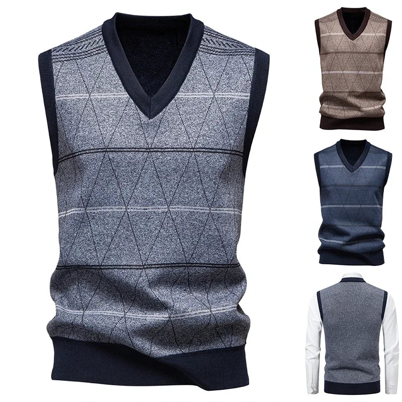2026 Men's V-neck Knitted Sweater Warm Autumn Winter Diamond Grid Twisted Flower Casual Fashion Versatile Knit Top