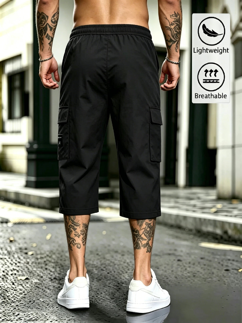 Men's Streetwear Cargo Capri Pants, Drawstring Elastic Waist, 3D Cargo Pockets with Patch, Lightweight Breathable Summer Bottoms