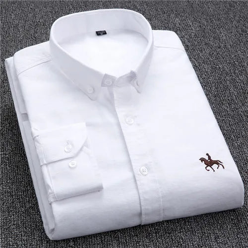 Cotton Oxford Shirt For Men Long Sleeve Plaid Striped Casual Shirts Male Pocket Regular-Fit Button-Down Work Man Dress Shirt