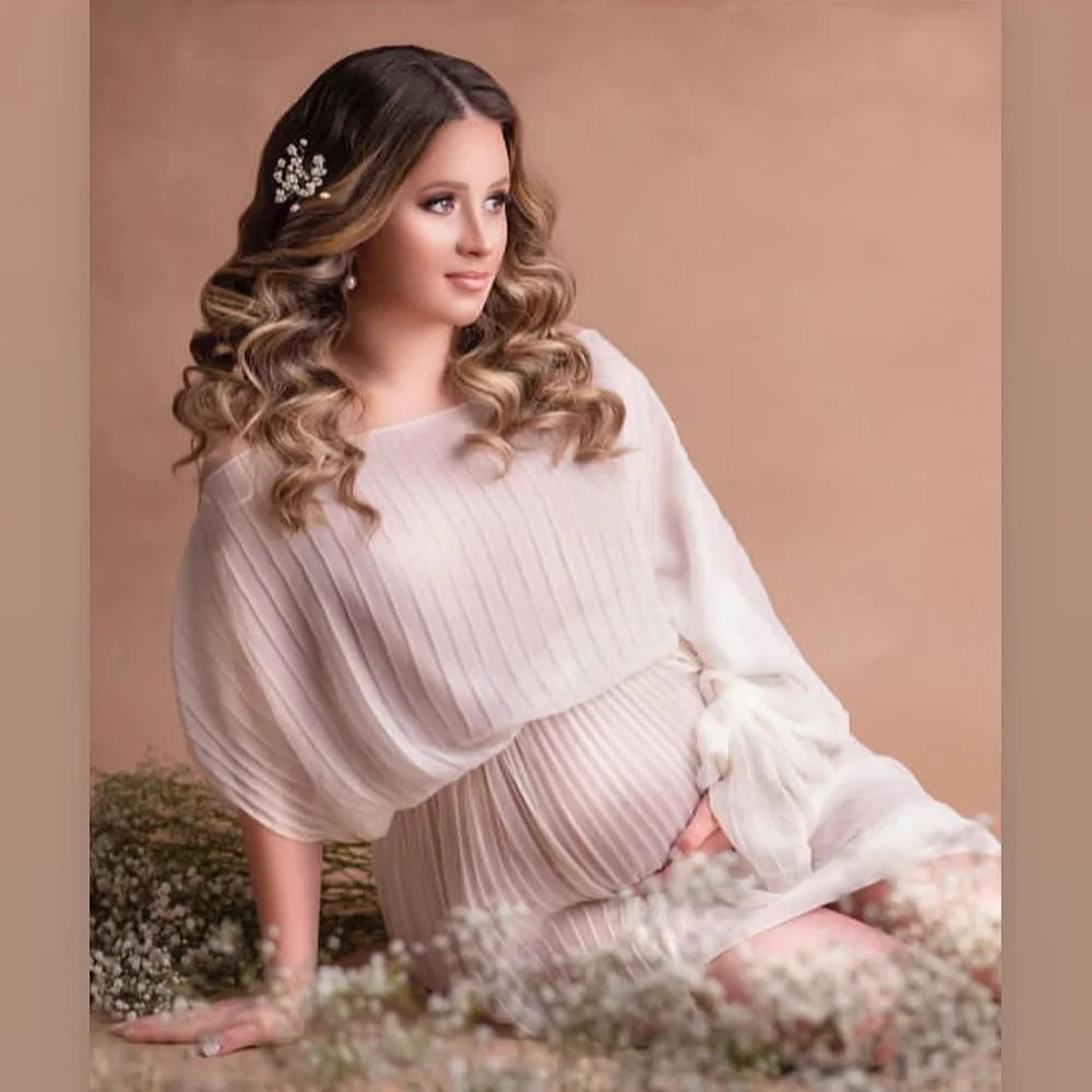 Maternity Dresses For Baby Showers One Necked Single Sleeved Pleated Dress Photo Shoot Photography Dress For Women