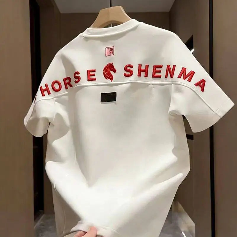 Spring 2026 Men's Versatile  Year National Trend Print Splicing Fashion Short Sleeve T-Shirt round Neck Trendy Top