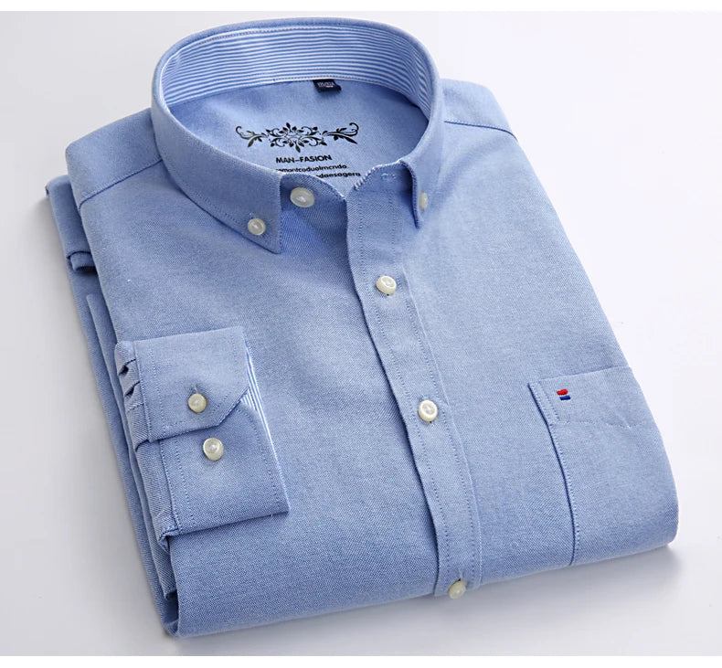 Cotton Oxford Shirt For Men Long Sleeve Plaid Striped Casual Shirts Male Pocket Regular-Fit Button-Down Work Man Dress Shirt