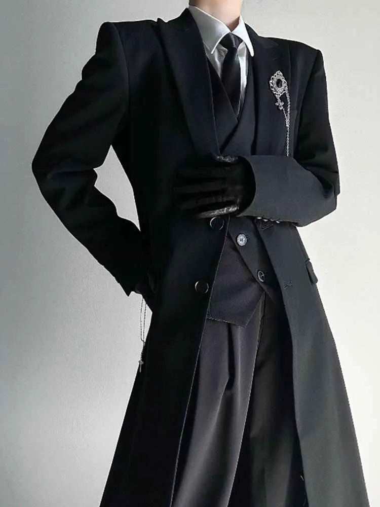 American Retro Men's Long Blazer Fashion High Street Dark Gothic Suit Jacket Spring Autumn Casual Black Simple Male Coat