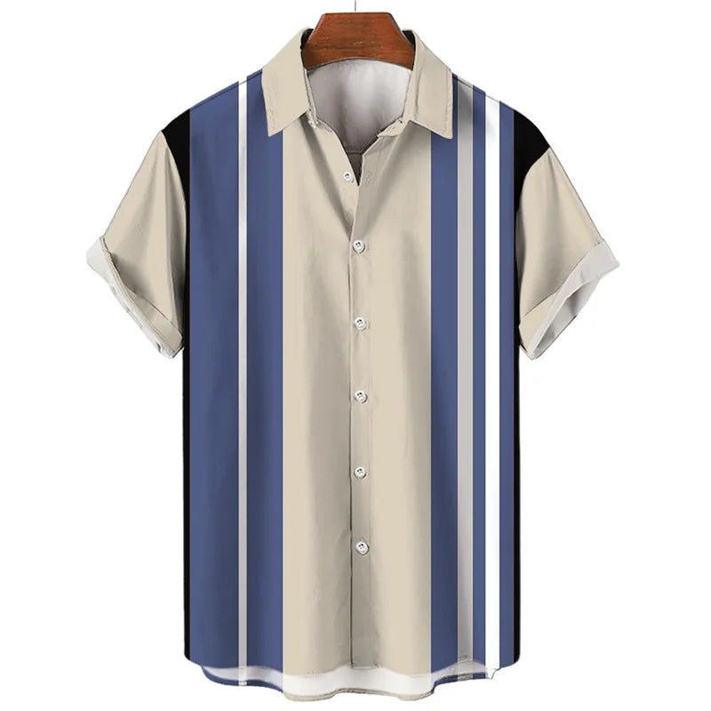 Mens Hawaiian 3d Stripe Print Shirt Harajuku Summer Fashion Short Sleeves Casual Beach Vacation Button Loose Aloha Shirts