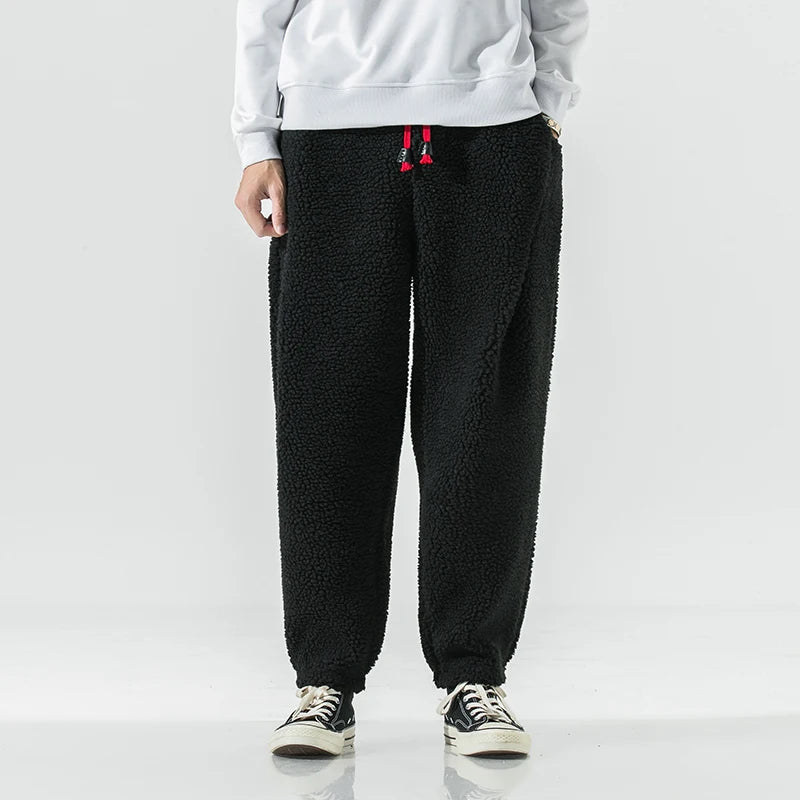 Winter Men's Lamb Wool Casual Pants Fleece Warm Elastic Waist Sweatpants Solid Thick Harem Pants Male Vintage Joggers Trousers