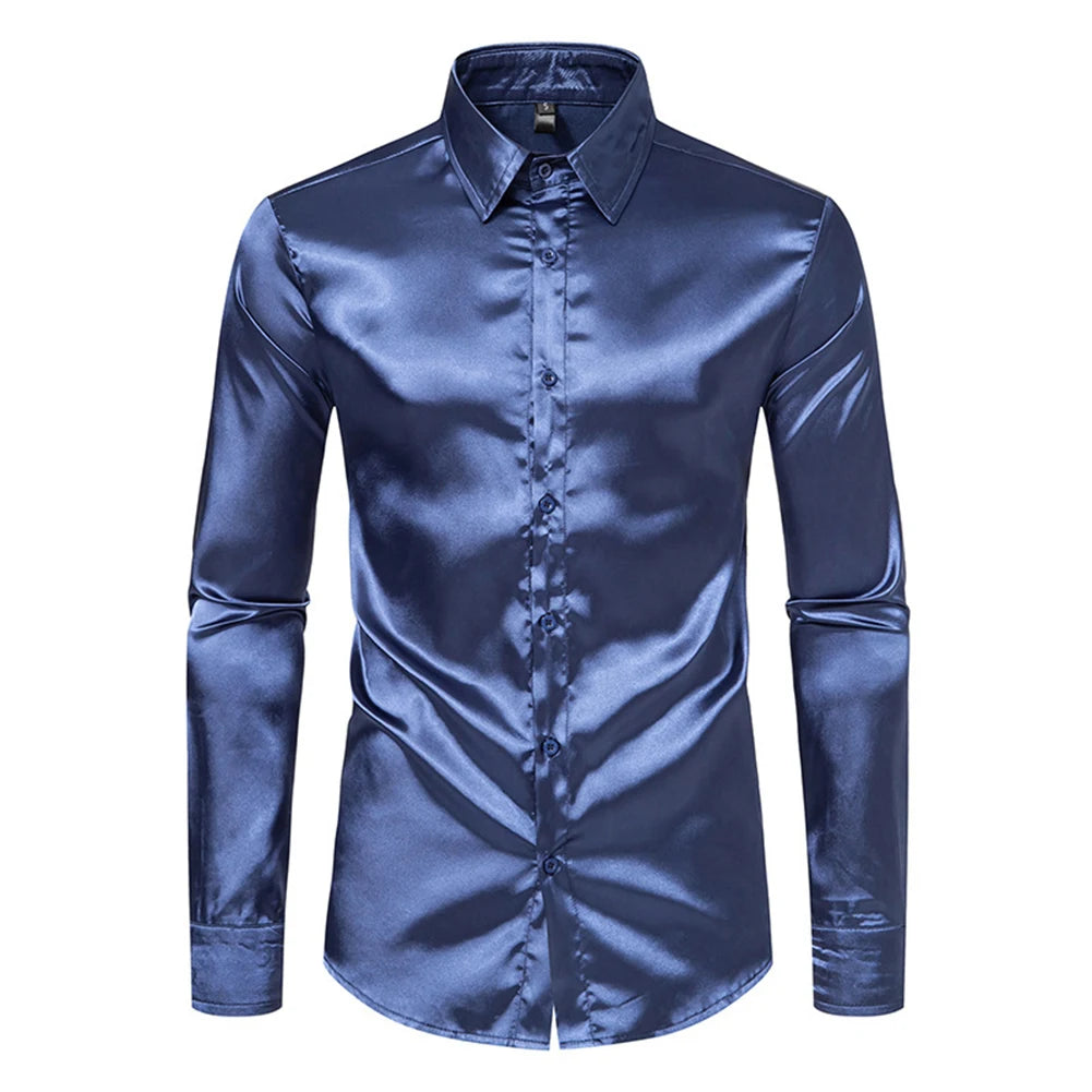 Men's Casual Satin Silk Shirts Single Breasted Button Lapel Collar Dress Shirt Slim Fit Fashion Party Long Sleeve Tops Clothing
