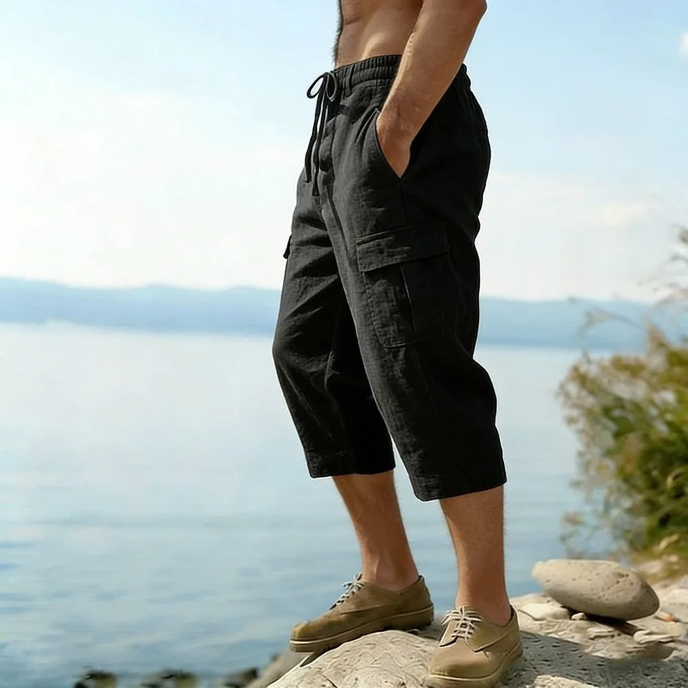 Men Summer Cotton Linen Shorts Retro Multi Pocket Loose Casual Shorts Thin Breathable Outdoor Fishing Travel Beach Short Pants