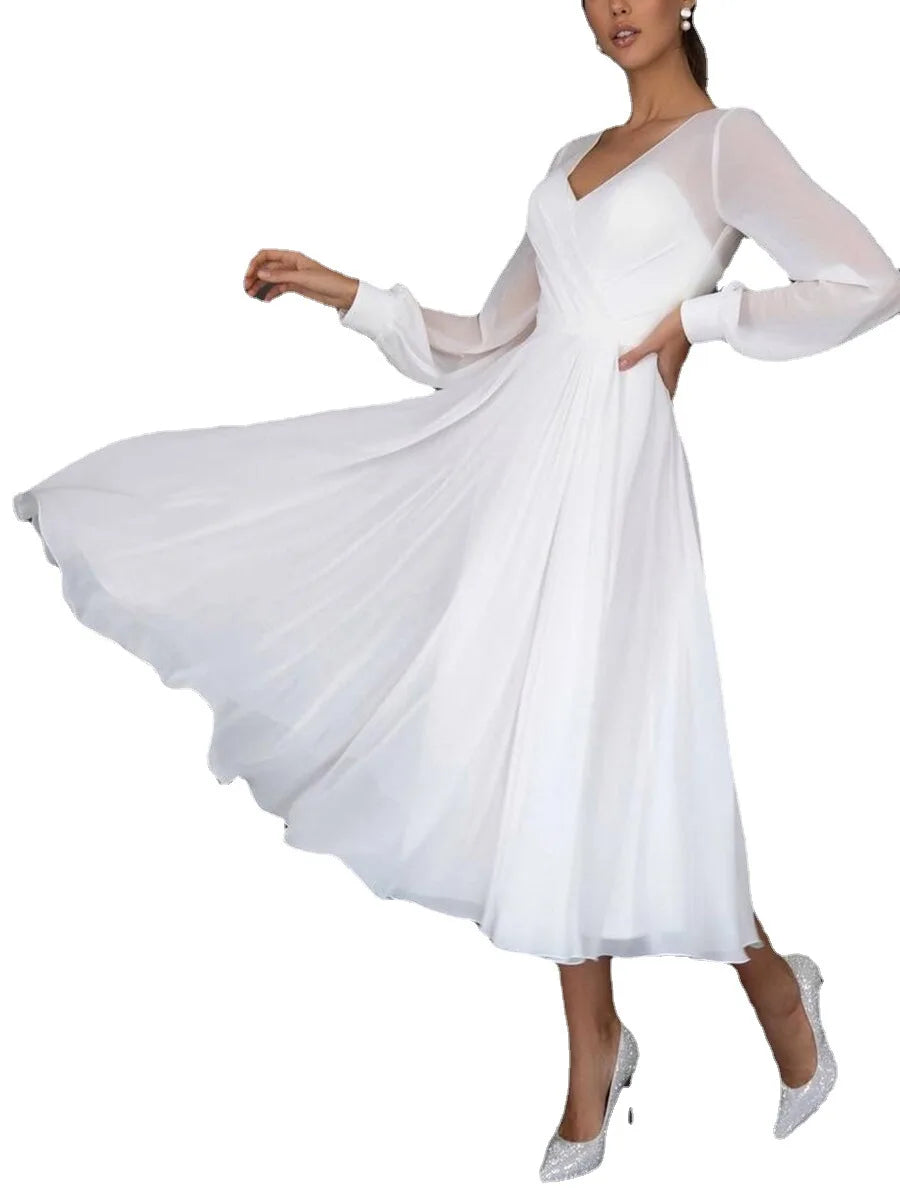 Long Dress Women Wedding V Neck Sexy Full Sleeve High Waist Solid A Line Mid Length Dresses Simple Elegant Gown Vestidos