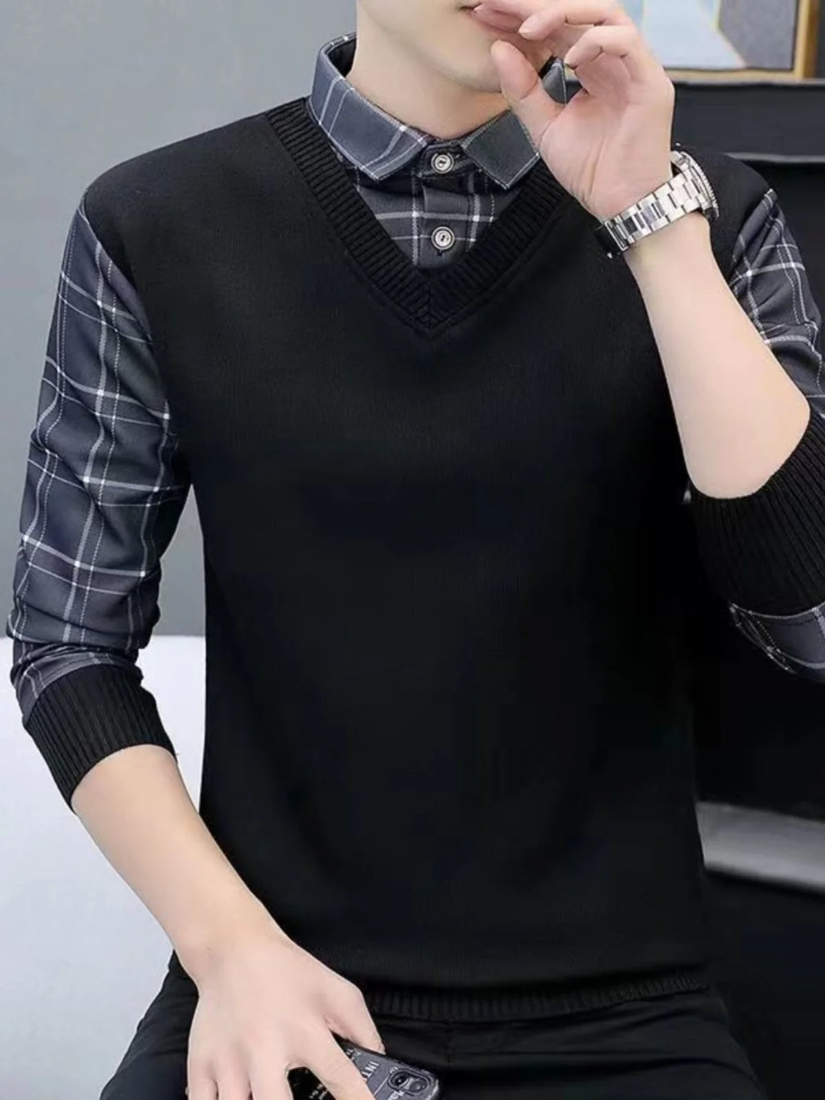 Fashionable Knitted Slim Fit Long Sleeve Shirt Collar Sweater for Men Autumn Outerwear Casual Style Polyester Fiber Youth Fas...