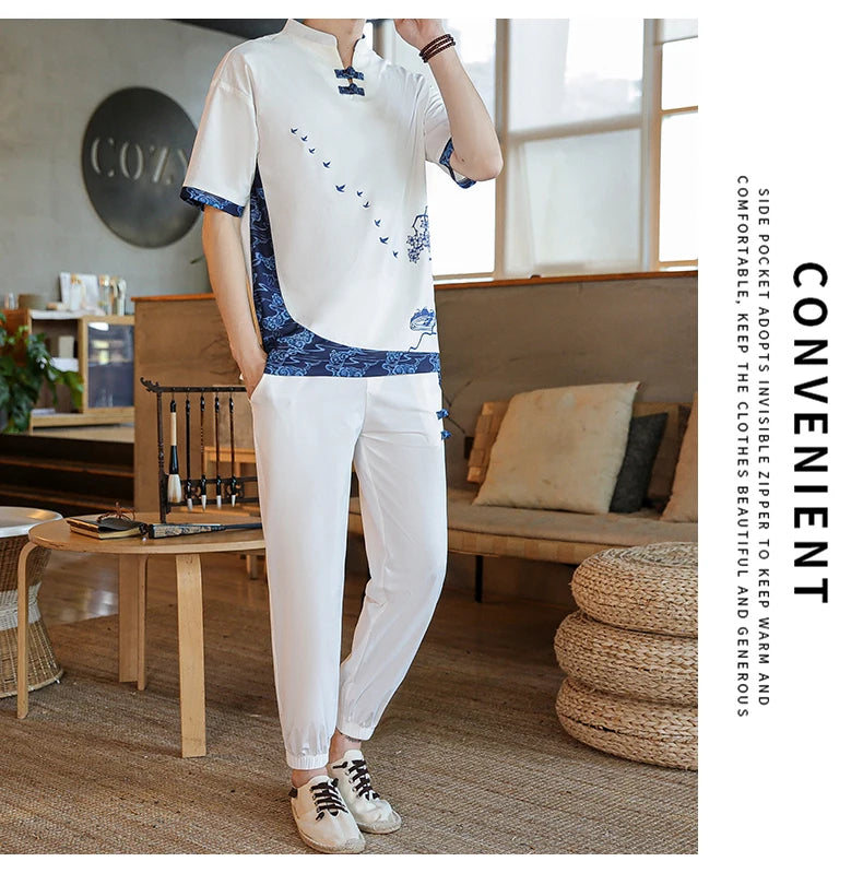 Shirts + Pants summer Cotton linen shorts sleeve shirts Men's Casual Sets Male Fashion trousers and shirts men size M-4XL TZ020