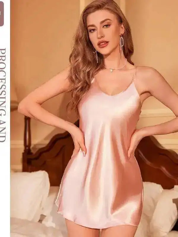 Women's Fresh Short Dress Elegant Home Casual Sleep Dress Solid Color Loungewear Backless Deep V Sleeveless Dress Beautiful PYDS