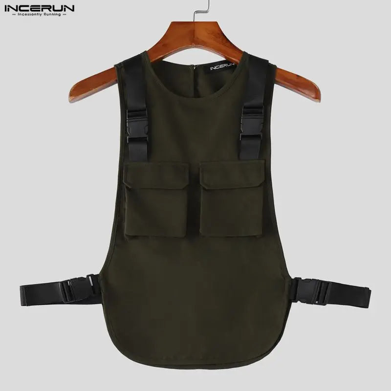 INCERUN Men's Tank Tops Solid Color O-neck Sleeveless Pockets Male Vests Summer Streetwear Loose 2026 Fashion Casual Men Clothes