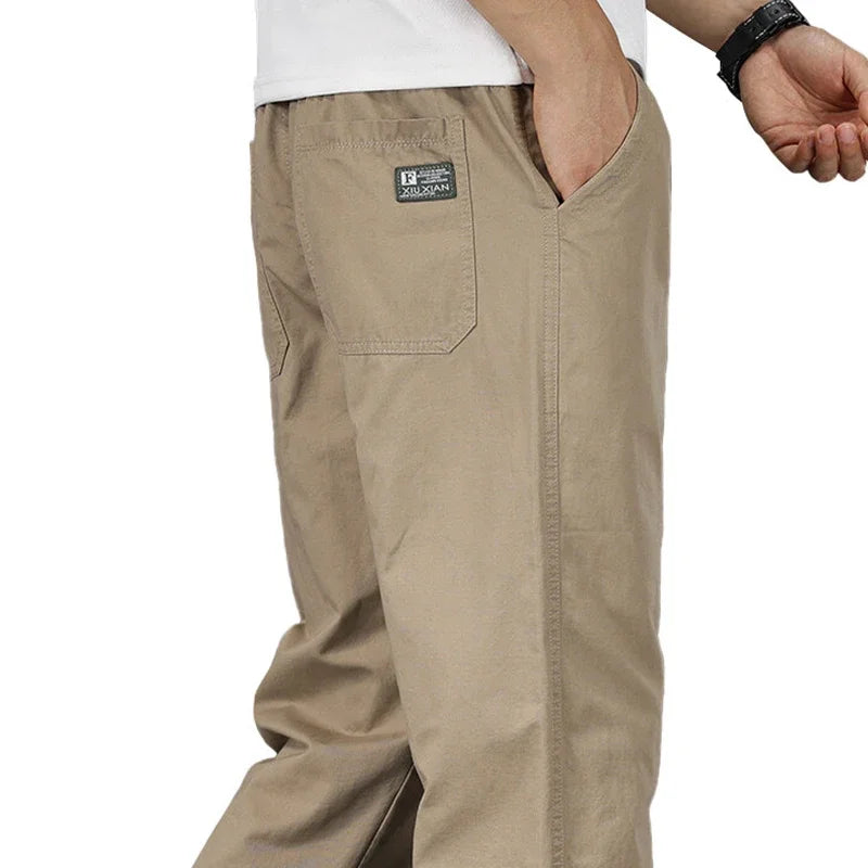 Big Size Mens Casual Pants Relaxed Fit Cotton Trousers Elastic Waist Drawstring Sweatpants Mens Jogger Pants Summer Spring