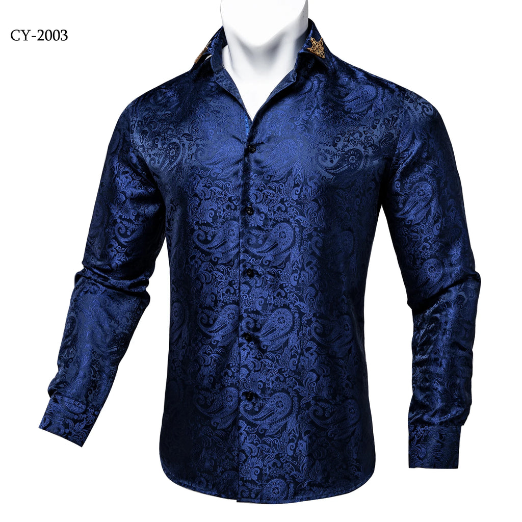 Brand New Men's Royal Blue Business Shirts Luxury Fashion Paisley Long Sleeve Turn-Down Collar Social Shirt Male Casual Blouse