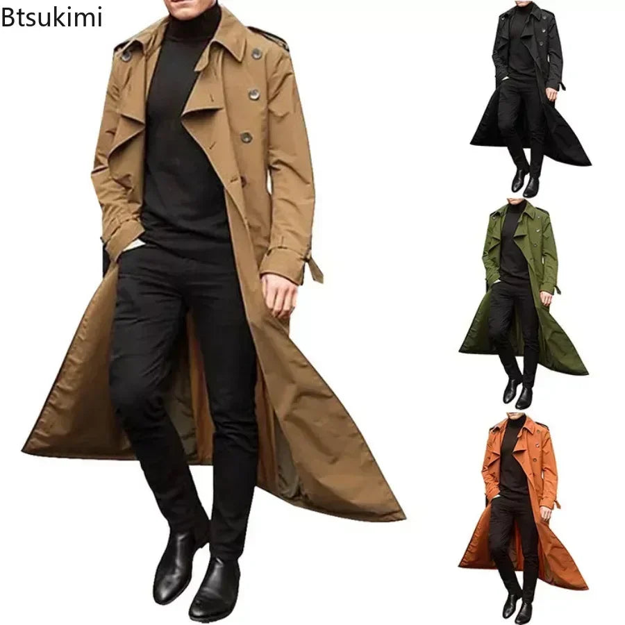 2026 Spring Autumn Men's Overcoat Vintage Long Trench Coat Men New Jacket Coats Men Business Casual Long Solid Windbreak Outwear