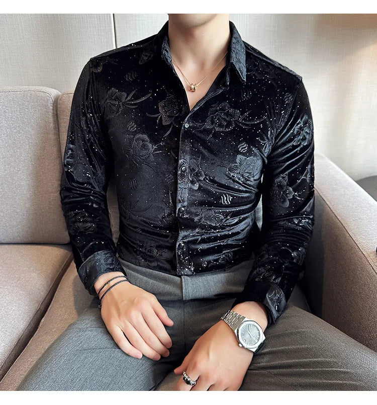 Men's Long Sleeve Velvet Flower Shirt New Luxury Printed Business Casual  Dress Shirts Formal Social Party Turn Down Collar Tops