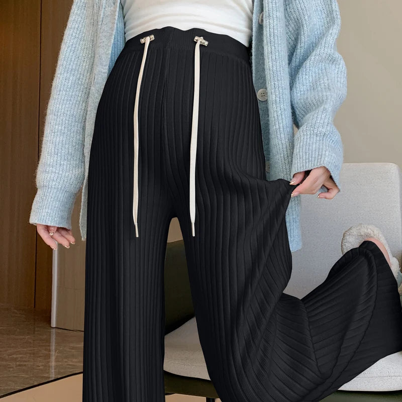 Pregnant Women's Pants Autumn Winter Maternity Knitted Pit Stripe Straight Leg Wide Leg Pants Casual Floor Pants Youth Pregnancy