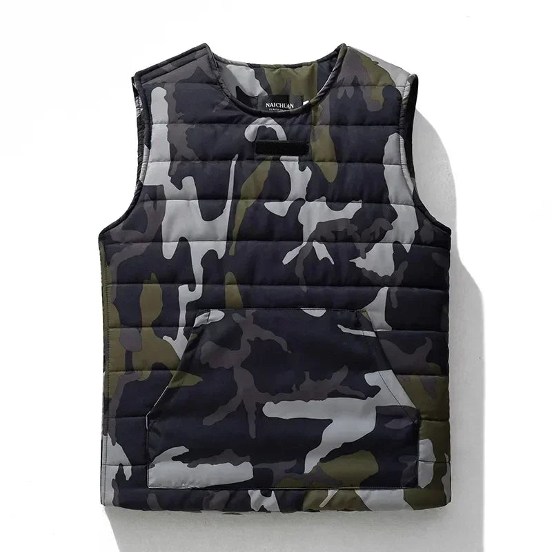 Round Neck Vest Men's Autumn Winter Padded Thickened Thermal Vest Wearing Japanese Fashion Side Zipper Sleeveless Coat Pullover