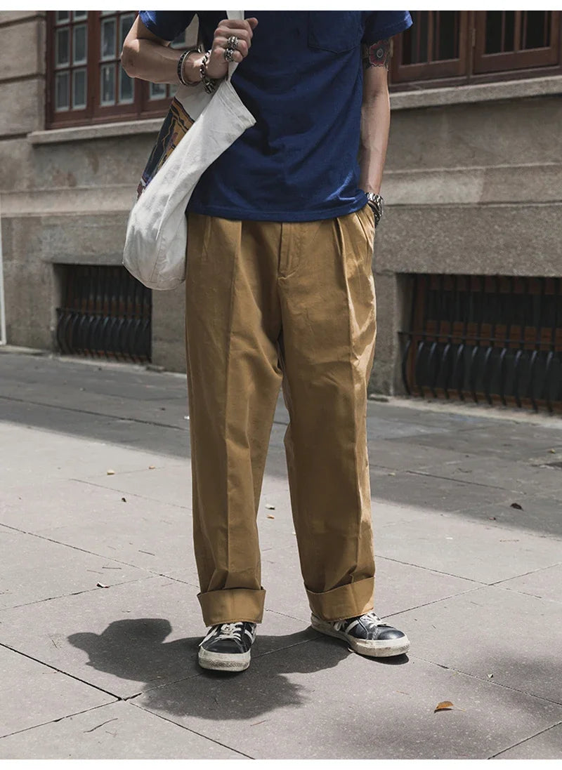 Non Stock Pleated Slacks Summer Spring Relaxed Straight Casual Pants Men Khakis
