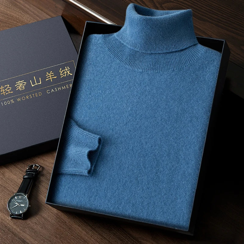 Turtleneck 100% Cashmere Sweater Men Pullover Knitwear Basic Style Autumn Winter Clothes High-end Soft Business Office Tops