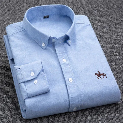 Cotton Oxford Shirt For Men Long Sleeve Plaid Striped Casual Shirts Male Pocket Regular-Fit Button-Down Work Man Dress Shirt