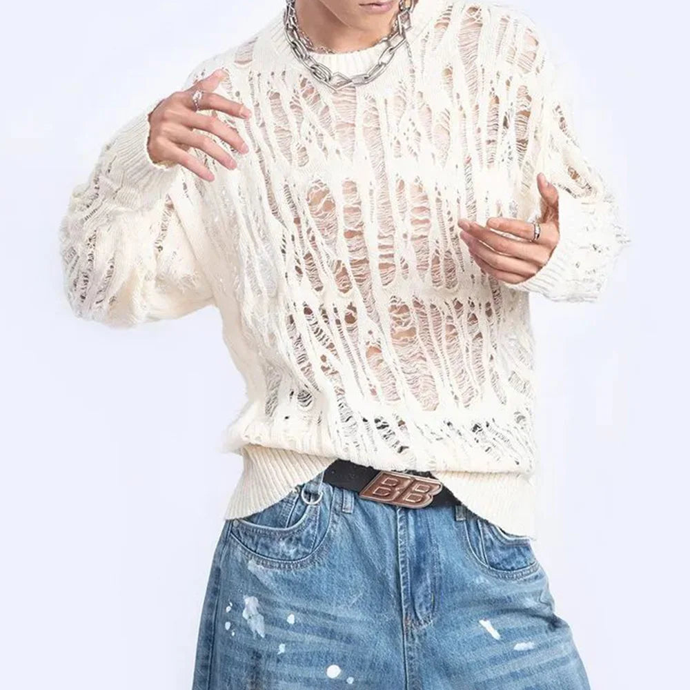 Men Sweater Harajuku Perspective Destructed Hollow Hold Pullover Tops Autumn Streetwear Fashion Trendy Daily Sweater Unisex 2024